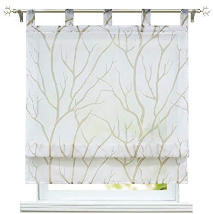 ESLIR Raffrollo mit Schlaufen Gardinen Küche Raffgardinen Transparent Schlaufenrollo Modern Vorhänge Weiß-Braun BxH 100x140cm 1 Stück