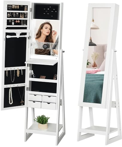 HOMCOM Jewellery Cabinet, Standing Mirror with LED Lights, Full-Length Mirror with Storage Drawers, Hooks and Shelves, Make-Up Armoire, Jewellery Organiser for Bedroom, White