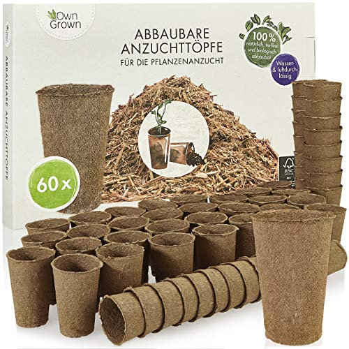 OwnGrown Pots de Culture Biodegradable: kit 60x Pot de Culture semis de Fleur et Plante en Fibres de Bois biodégradables pour Jardin, bac, Serre ou Potager - sans Tourbe, sans repiquage - Qualité