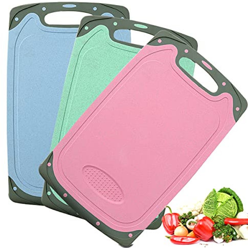 BOCHION Chopping Board Set, 3 Pcs BPA Free Kitchen Thick Plastic Cutting Boards, with Non-Slip Feet and Deep Drip Juice Groove, Hanging Hole, Large Chopping Boards for Fruits, Vegetables, Meats.