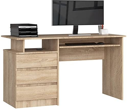 AKORD | Scrivania CLP-135 Con Ripiano per Tastiera e 3 Cassetti a Sinistra | Scrittoio per Ufficio | Per Computer PC Laptop | Salvaspazio | 135 x 77 x 60 cm, 45kg | Rovere Sonoma