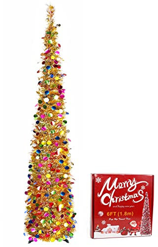 YHANEC 6ft Pop Up Christmas Tree, Slim Christmas Tree, Collapsible Artificial Pencil Xmas Tree with Stand, Sequin Skinny Xmas Tree, for Party Home Office Corner Decor (Gold)