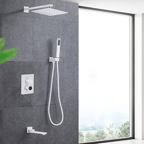 Unterputz Duscharmatur Set, Wandmontiert Duschsystem Mit Thermostat Armatur, Komplettes Duschset Mit Brausegarnitur, Regendusche Mit Wandhalterung Und Duschthermostat, Duschamaturenset,Weiß