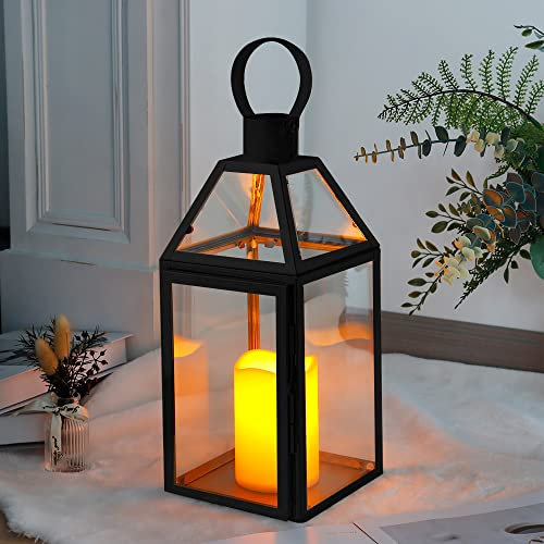 JHY DESIGN Black Candle Lantern 34cm High Stainless Steel Garden Lanterns with Tempered Glass for Indoor Outdoor Events Parities and Weddings