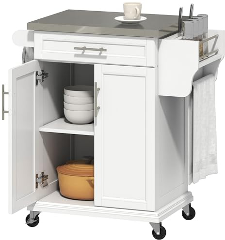 HOMCOM Wooden Kitchen Island on Wheels, Serving Cart Storage Trolley with Stainless Steel Top, Drawer, Side Handle and Rack, White