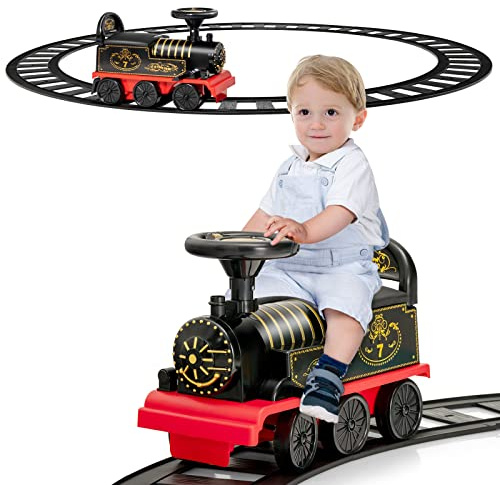 Maxmass Ride On Train and Track, 6V Battery Powered Electric Car with Storage Seat, Music & Lights, Kids Ride On Toy for 18+ Months (Black)