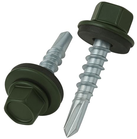 4.8 mm x 35 mm Takskruvar, Sexkantshuvud Självborrande Flerfärgad (RAL 6020 Chrome Green) Skruvar med EPDM-förseglad Bricka, Rostsäker Zinkpläterad Härdad Grov Gänga Skruv (50 stycken)