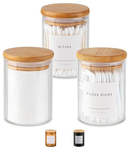 Vase and Vessel Mini Glass Apothecary Jars with Bamboo Lids, Small Bathroom and Kitchen Storage Containers, For Cotton Balls, Pads and Swabs, 10 oz, Set of 3 (Clear)