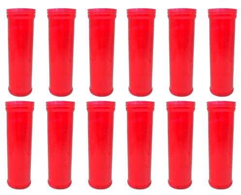 Tradineur - Pack de 12 velones de santo con tapa metálica, velas litúrgicas de parafina y cera vegetal, decoración de iglesias, cementerios, tumbas (Rojo, 18,5 cm)