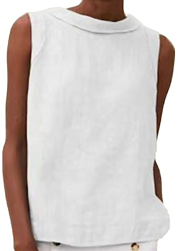 Women's Cotton Linen Tank Tops High Neck Casual Cami Sleeveless Camisole Blouses Summer Basic Shirt Solid Color Crop Tops(White,Medium)
