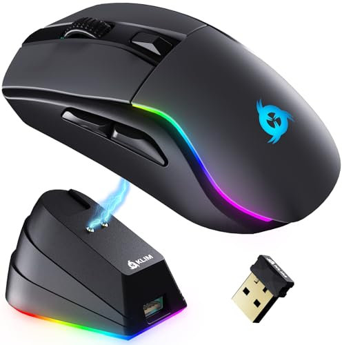 KLIM Blaze Y – Ratón inalámbrico RGB Recargable con estación de Carga – Novedad – Sensor de Alta precisión con batería de Larga duración – hasta 6000 dpi – Ratón inalámbrico con Cable