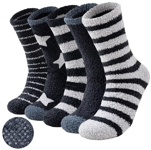 Niorasen Men's Fluffy Slipper Socks, 5 Pairs, Non Slip Winter Warm | Thick fleece socks with grippers for secure indoor wear; soft thermal comfort on cold winter floors, at home or in bed.