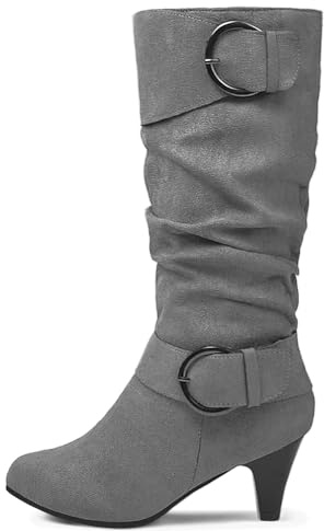 Dernolsea Knee High Boots Women, Faux Suede Stiletto Kitten Heel Side Zip Calf Length Slouch Boots Grey Size 5