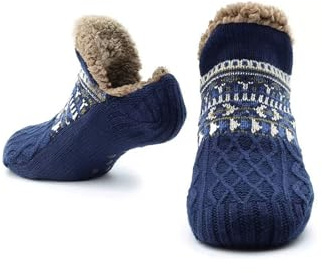 FUIPVGI Chausson Chaussette Homme Femme, Chaussettes Tricotées épaisses Doublées de Polaire, Chaussettes Chaudes Antidérapantes, Chaussettes D'hiver Moelleuses pour Maison de Lit au Sol (Bleu marine)