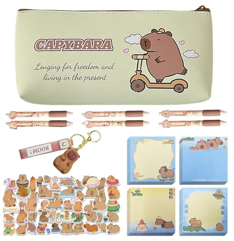1 Astuccio, 6 Penne, 4 Foglietti Adesivi, 50 Adesivi E 1 Etichetta, Cancelleria Capibara, Cancelleria Carina E Interessante, Materiale Scolastico