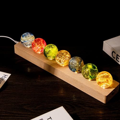 QingxingFa Sfere Di Vetro, 7 Sfere Di Cristallo Core Memories, Cristalli E Pietre Curative, Lampade Da Tavolo Con Supporto In Legno A Led Per La Meditazione (Legno)