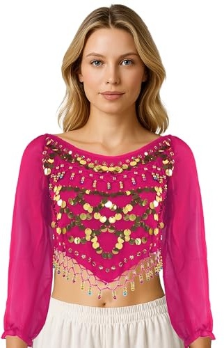 MUNAFIE Haut de danse du ventre - Costume de danse du ventre - Haut à paillettes pour femme - Manches 3/4 - Motif prune - Haut de danse avec cloches, Rose-a., taille unique
