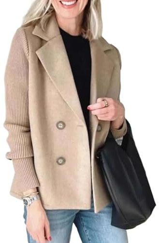 Lockenstab Women's Lapel Button Knitted Patchwork Sleeve Casual Coat, Trendy Double Breasted Pea Coats With Pockets, Winter Blazer Loose Jackets Tops(Khaki,M)