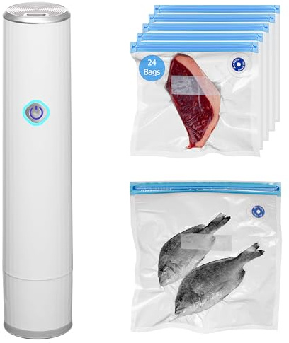 Basicwise Handheld Vacuum Sealer Machine with 24-pc Reusable Bags Food Storage Kitchen Organization Sous Vide Cooking Pantry Preservation Refrigerator Management Meal Preparation & Airtight Sealing