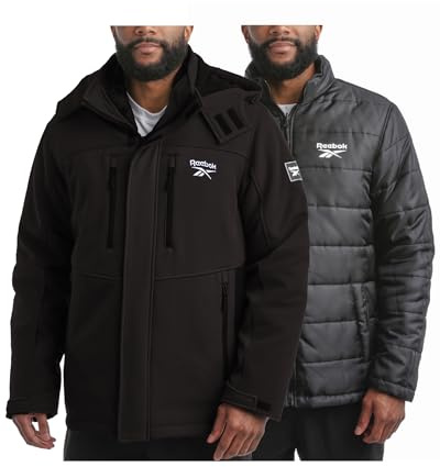 Reebok Mens Winter Coats - 3 in 1 System Hooded Softshell Windbreaker Jacket and Quilted Puffer Insulated Mens Ski Jacket, Size Large, Black Ink