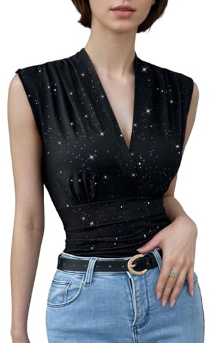 EMOTTOS Camiseta Mangas Y2K Mujer, Tops Pliegues Cruzados Decorativos Lentejuelas Brillantes Camisetas Ajustadas Cuello en V Tejido elástico Ligero niñas Fiestas Festivales Verano, Negro, Tallas S-L