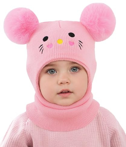 NEAWEALY Baby Schlupfmütze Wintermütze Kinder Bär Kapuzen Schal Warm Strickmütze Winter Rosa Schlupfmütze für 1-6 Jahre