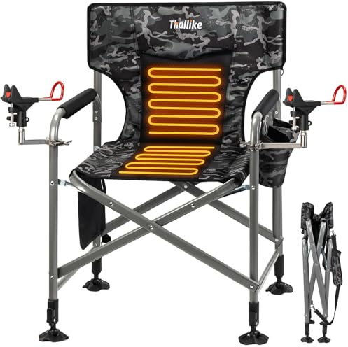 Thallike Padded Fishing Chair with 2 Rod Holders Adjustable Legs Portable Ice Fishing Chair for Adults Outdoor Camping Chair with Side Pocket Shoulder Strap Supports up to 600 LBS