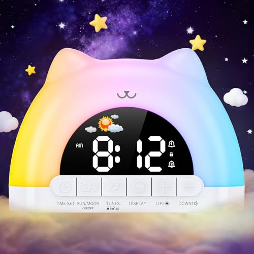 Ankilo Kinderwecker,Digitaler Kinderwecker mädchen Jungen,Plug-In Elektrische Wecker mit 11 RGB Farb Nachtlicht,10 Soundeffekten, Dual Alarms, Snooze
