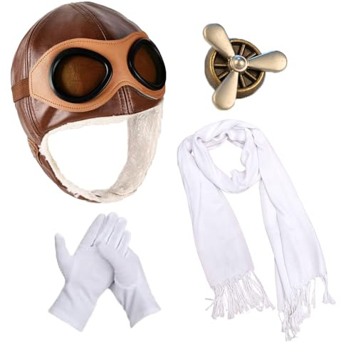 nezababy Aviator Hat with Goggles Ear Flaps Fighter Pilot Costume Accessories Goggles Scarf Gloves Brooch Halloween amalia Cosplay (Brown)