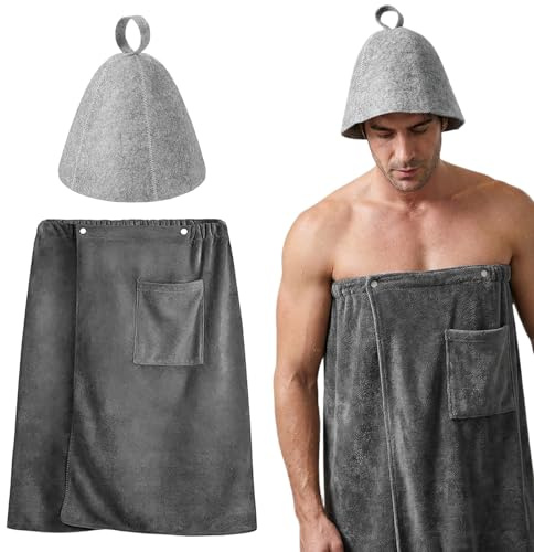 Toalla de Sauna para Hombre con Gorro para Sauna, 140×70 cm, Absorbente Ajustable Toallas Gimnasio de Secado Rápido con Broches y Bolsillos, Microfibra Pareo Toalla, Toallas Ducha para SPA Playa Baño