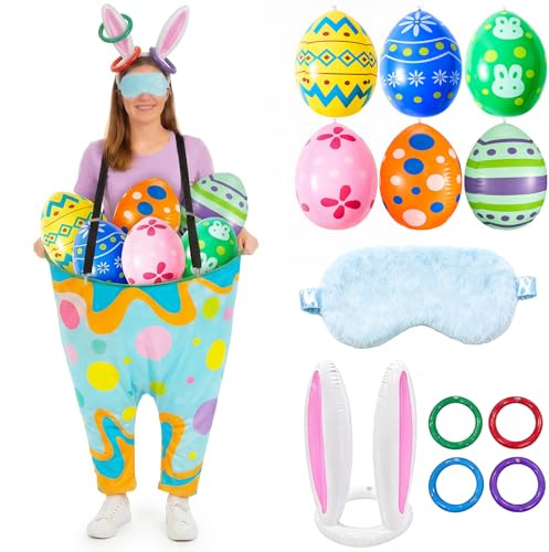 Seematn 13 Pcs Easter Granny Pant Yard Game Set, Outdoor Easter Games for Family Adults Yard Tossing, Giant Granny Pants with Colorful Eggs, Bunny Ears, Eyemask, Rings, Party Favors(Vibrant Style)