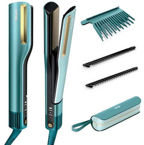 Shark SilkiPro Hair Straightener & Dryer, Ceramic, Wet to Dry, HT401UKBL | HeatSense Plates, No Heat Damage, Salon-Quality Finish, All Hair Types, Storage Case - Turquoise Wave