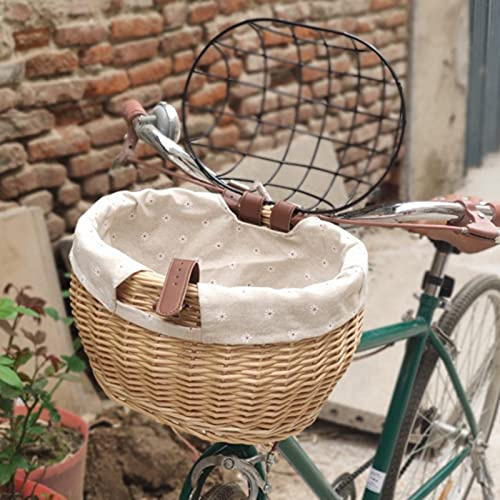 TIKATARER Cesta Delantera para Bicicleta, Transportador de Mascotas de Ratán Tejido a Mano, Cesta con Cubierta de Malla de Alambre con Accesorios, Ideal para Perros Pequeños, Gatos, Juguetes, Libros