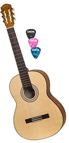 CASCHA 4/4 Konzertgitarre inkl. 3 farbigen Plektren I Hochwertige Gitarre für Anfänger und Kinder ab 10 Jahren I Akustik Gitarre mit Nylon Saiten ideal zum Gitarre lernen I Perfekte Größe 4/4