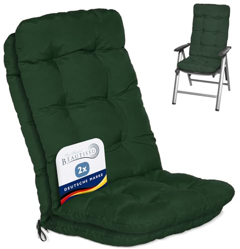 Beautissu Set of 2 Highback Garden Chair Cushions with Backs for Recliner | 120x50x8cm Dark Green Outdoor Seat Pillows for Chairs Patio Sunbed Bench high pads Flair HL