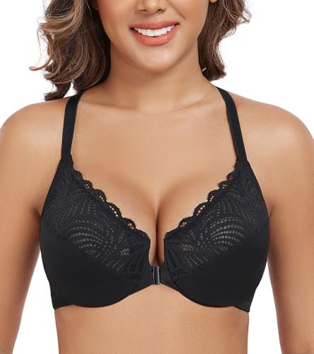 DotVol Women's Front Closure Underwire T-Back Full Figure Plus Size Unlined Seamless Bra(Black,36E)