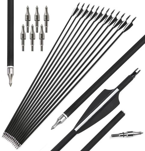 surwolf 30 Bågskytte Kolpilar 500 Spine Jaktpilar,Övningspilar, med 100 korn avtagbara tips för Archery Compound & Recurve båge (svart pilar, 24)