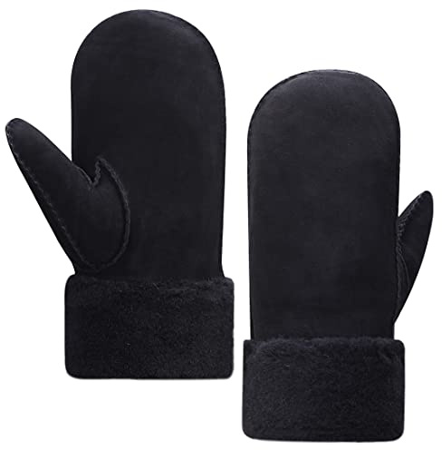Harssidanzar Herren Winter Fäustlinge,Schaffell Shearling Beheizte Warme Pelzmanschetten Fäustlinge Für Winterkaltes Wetter KM042EU,Schwarz,Größe S