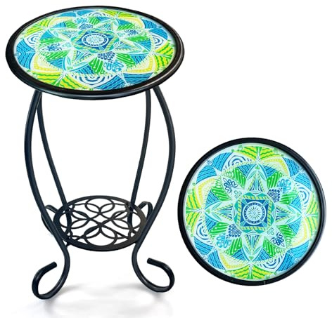 HONGLAND Mosaic Outdoor Side Table, 14 Round Patio Side Table, Mosaic Plant Stand, End Table W/Storage Shelf, Small Bistro Coffee Table for Garden Yard Porch Living Room(Green)