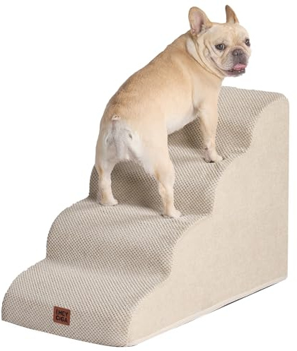 EHEYCIGA Escalier pour Chiens et Chats, Rampe pour Chien 4 Marches, Mousse Haute Densité, Surface Antidérapante, Housse Amovible et Lavable, pour Canapé et Lit, Beige