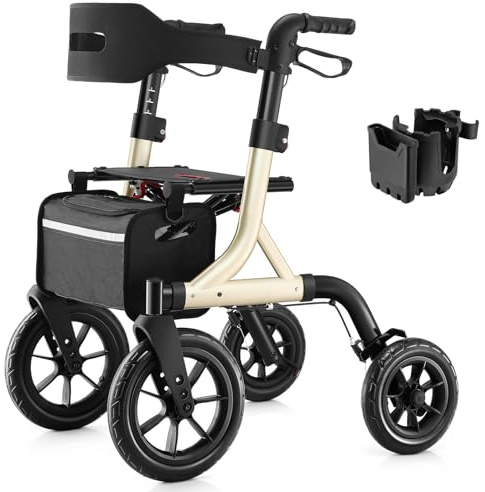 MAXWALK Déambulateur pour personnes âgées, déambulateur avec siège, déambulateur tout terrain avec grandes roues en caoutchouc de 30,5 cm