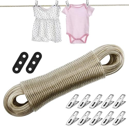 LPAMABA Wäscheleine mit Stahlkern Draußen,3mm*50m PVC Transparent Wäscheleine,Extra Starke Wäsche Leine,Wasserdicht Wäscheseil mit Befestigung Flachklemme Wäsche Seil für Garten Balkon