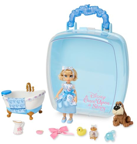Disney Store Offizielles Cinderella Minipuppen-Spielset, Once Upon a Story Kollektion, 10-TLG., Spielzeugfiguren-Set mit Zubehör, inkl. Hund Bruno und Badewanne, Ab 3 Jahren