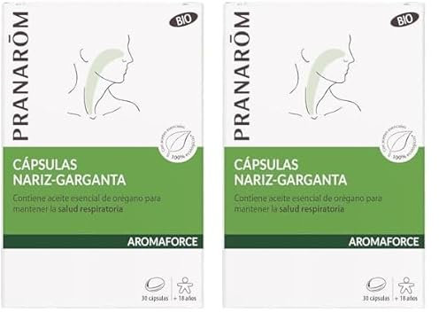 PRANAROM - Aromaforce - Cápsulas Nariz-Garganta - con Aceites Esenciales - Orégano Vulgare - Mantenimiento de la Salud de las Vías Respiratorias - Limón 100% Orgánico - 30 Cápsulas. (Paquete de 2)