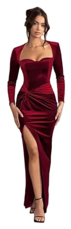 SVEETTOP Vestito Donna Abito Maxi Sexy di Velluto per Coscia con Manica Lunga per Festa e Sera - Rosso - S