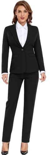 Women's Suiting 2 Piece Lady Formal Black Jacket Outfit Business Office One Button Blazer Pant Slim Fit Suit Set for Work-L