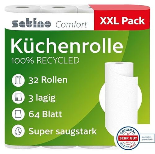 Küchenrolle 3-lagig – 32 Rollen – 64 Blatt pro Rolle - Ø: 10,5 cm/Höhe: 26 cm - saugstark, reißfest & besonders weich dank Zellstoff – Made in Germany - Küchentücher Vorrat – Reserve - Satino