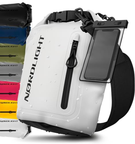 Nordlight Dry Bag Vattentät Väska med Mobilfodra+ Rullstängning, Axelrem | Drybag Vattentät Ryggsäck Packsäck Våtbag Packväska | Simning Strand Stå Upp Paddling Kanotpaddling - Vit, 5 Liter