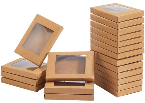 Beebeecraft 20 st presentlådor av kraftpapper med PVC-fönsterlock 10 x 8,3 x 0,6 tum rektangel kamel bruna smycken förpackningslådor för halsband örhänge hänge försäljning förvaringsdisplay