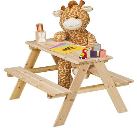 Relaxdays Mesa Pícnic Infantil, Banco Jardín Niños, 51 x 90 x 78 cm, para Jugar, para 4 Infantes, Madera, Natural